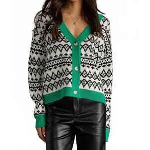 NEW PANACHE APPAREL patterned button up cardigan - plus in ivory/black/green